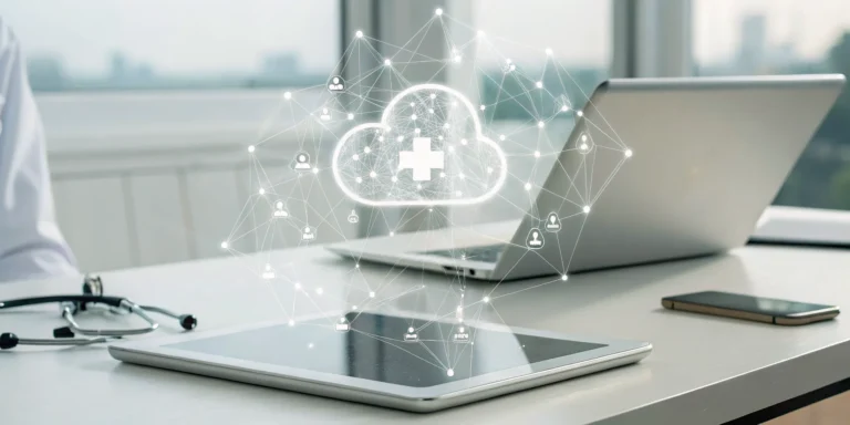 Cloud based electronic health records on a tablet screen next to a stethoscope and laptop.