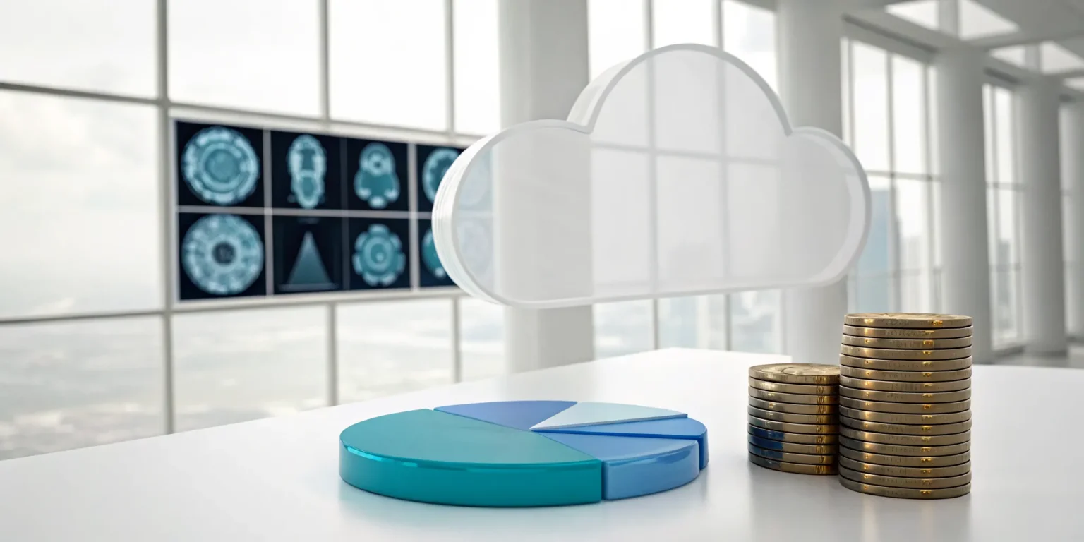 Cloud PACS pricing breakdown with a cloud icon, pie chart, and coins representing costs.