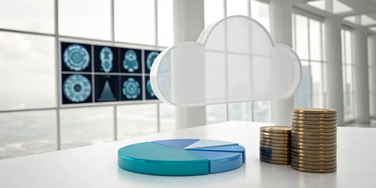 Cloud PACS pricing breakdown with a cloud icon, pie chart, and coins representing costs.