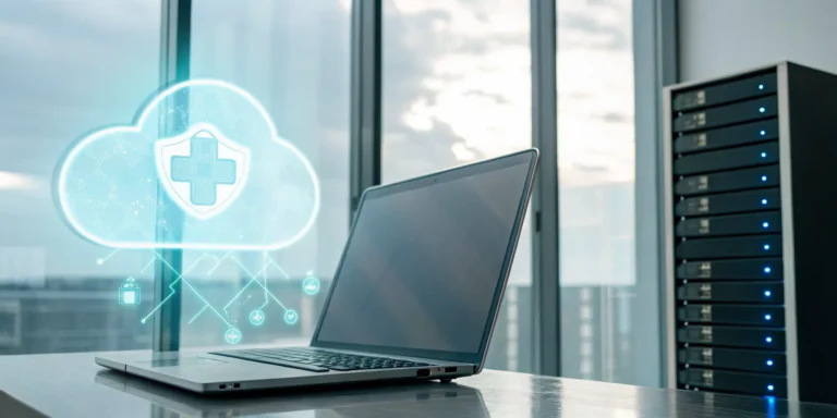 A secure server and laptop with an icon for HIPAA compliant cloud storage.
