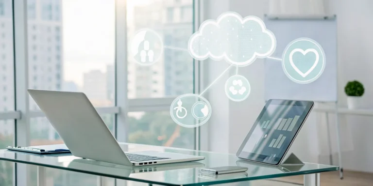Cloud-based clinic management software dashboard with charts displayed on a laptop and tablet.