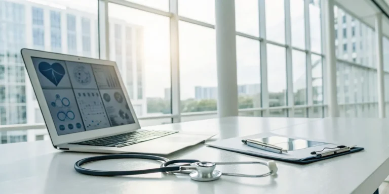 Laptop on a medical desk showing healthcare data, explaining what FHIR is in healthcare.