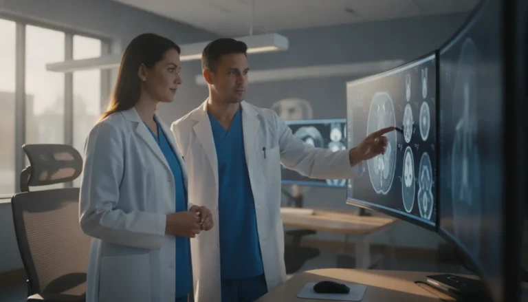 Two radiologists reviewing medical imaging studies together in a bright professional reading room