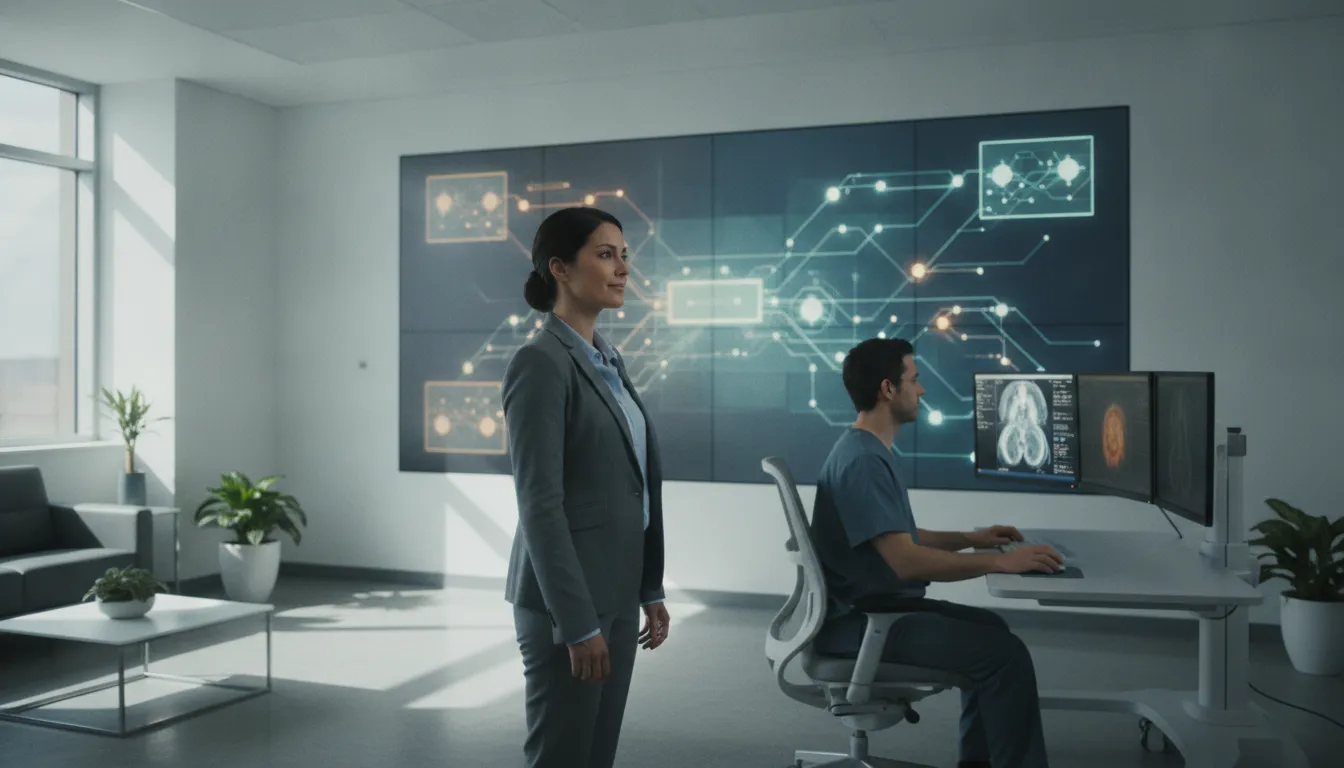 IT security professional reviewing a patient-data protection dashboard in a modern hospital imaging command center