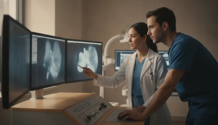 Radiologist and imaging technologist reviewing scans in a hospital imaging control room