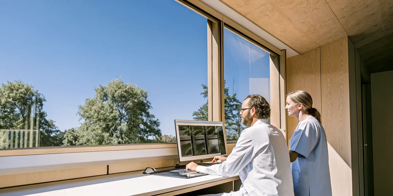 Radiologist and hospital IT specialist reviewing medical imaging in a modern radiology reading room