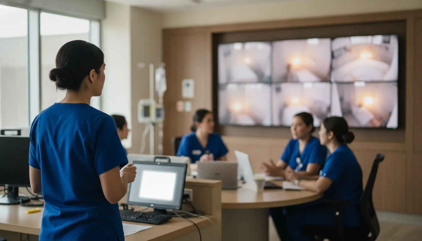 Clinical care coordinator monitoring patient rooms from a hospital operations center
