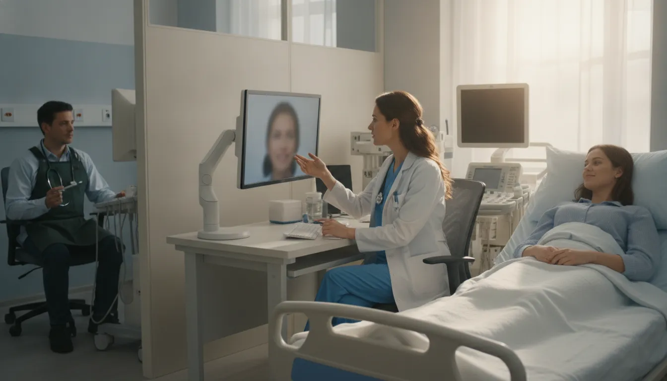 Clinicians coordinating a virtual urgent care consultation in a hospital