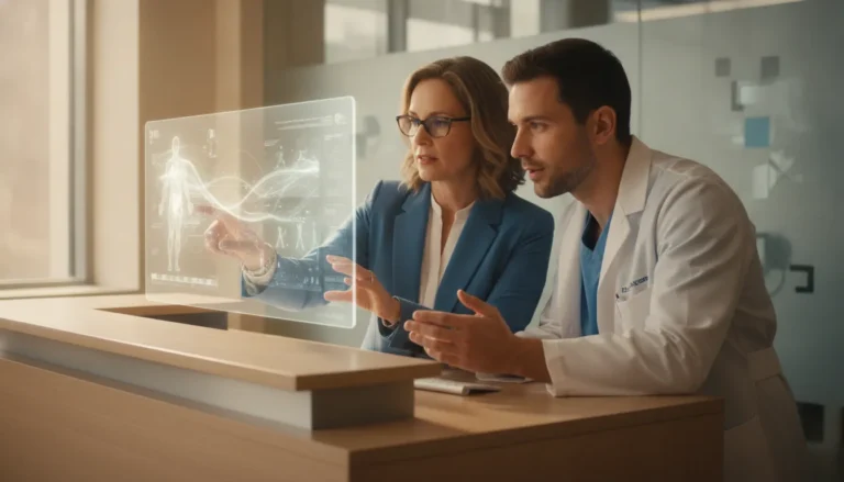 Hospital IT director and clinician reviewing integrated patient health data together at a medical workstation