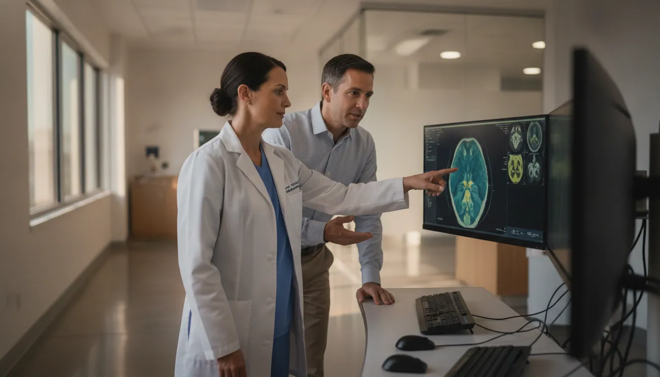 Radiology leader reviewing medical images with a colleague in a clinical imaging workspace
