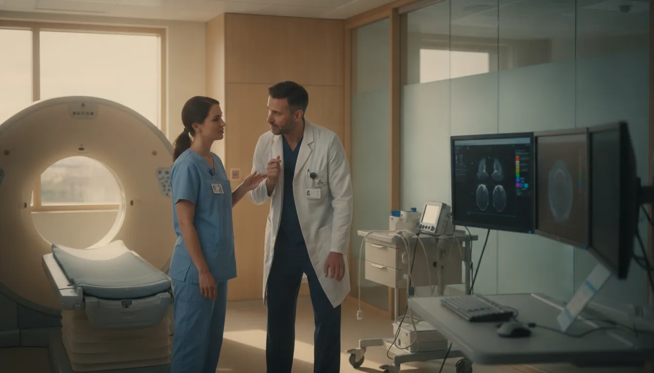 Radiology clinicians collaborating in a hospital imaging suite