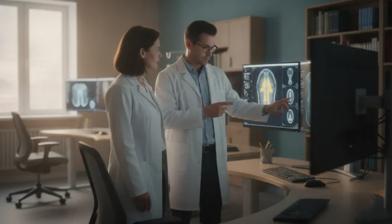 Radiology leaders reviewing diagnostic images in a hospital reading room