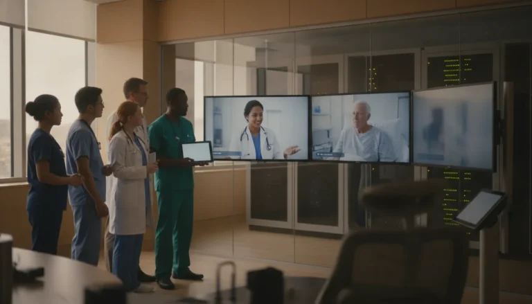 Healthcare team reviewing a secure video consultation in a hospital command center