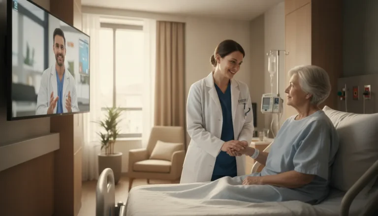 Hospital care team conducting a telehealth visit with a remote clinician