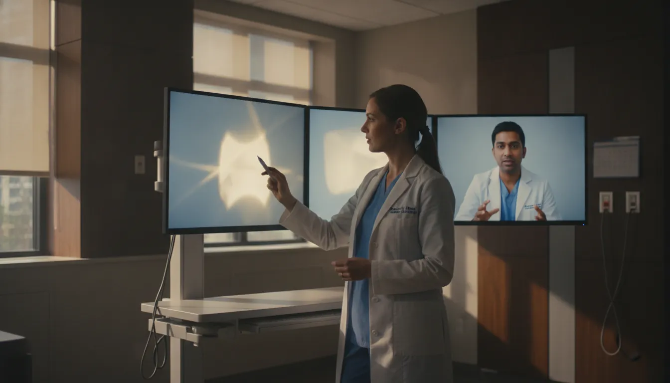 Radiologists collaborating on medical imaging in a hospital reading room