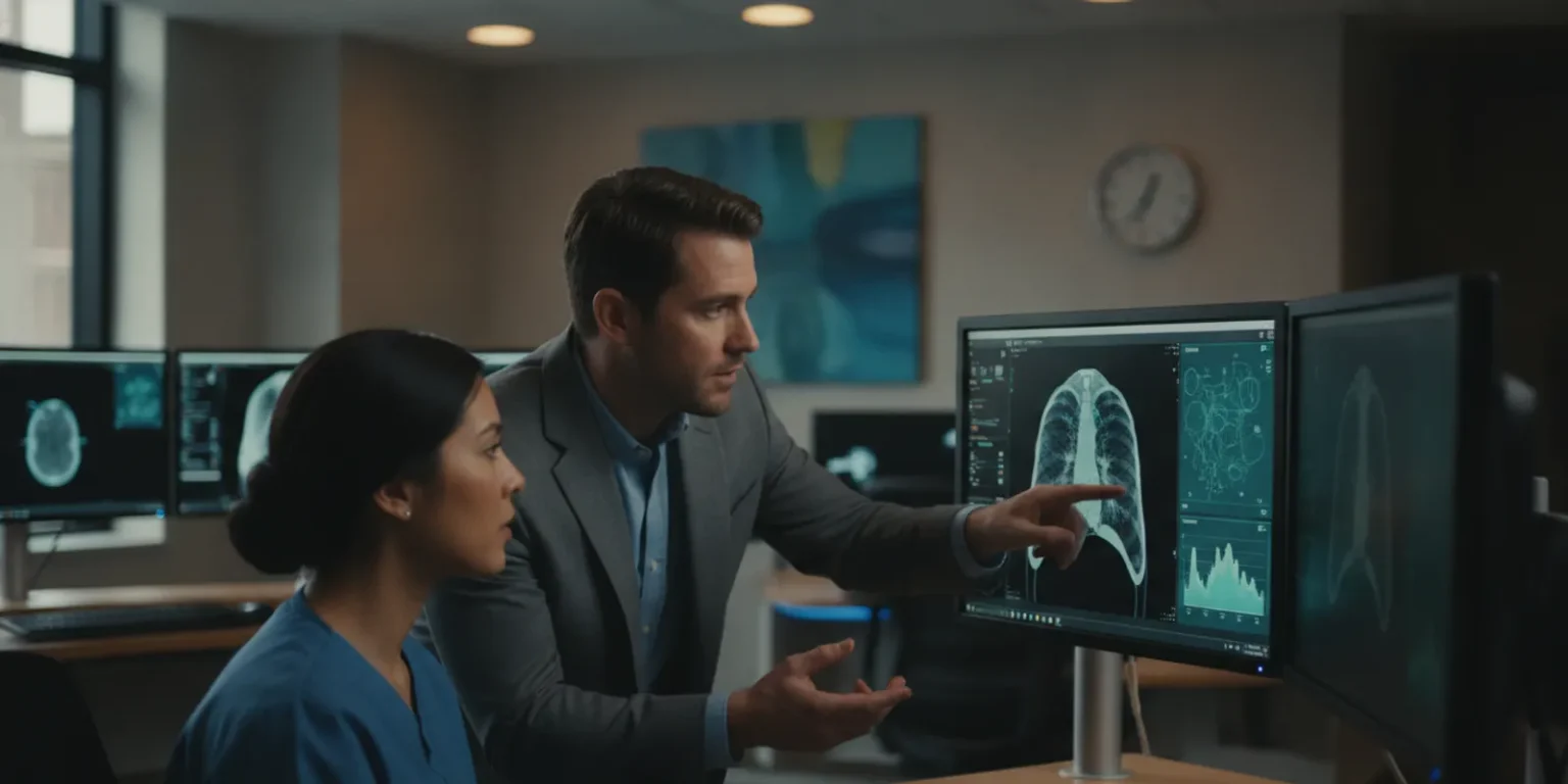 Healthcare imaging team reviewing a diagnostic scan and AI output on a workstation