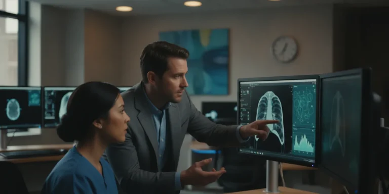 Healthcare imaging team reviewing a diagnostic scan and AI output on a workstation