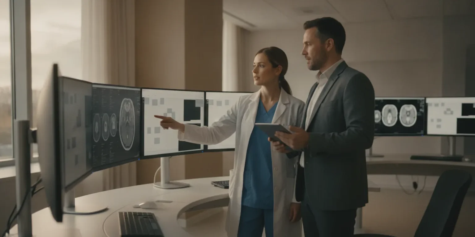 Radiology leaders reviewing medical imaging software at a workstation