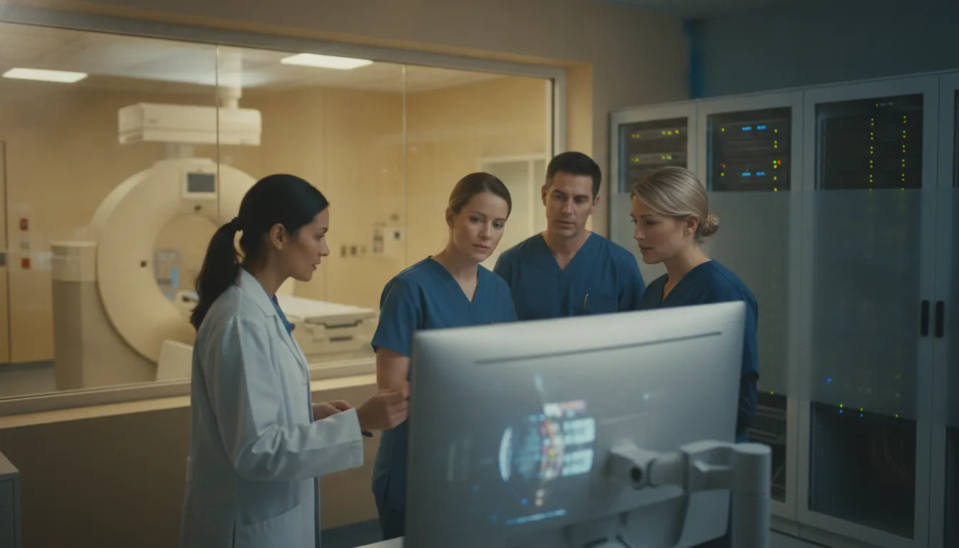 Healthcare team reviewing cloud based medical imaging in a radiology suite