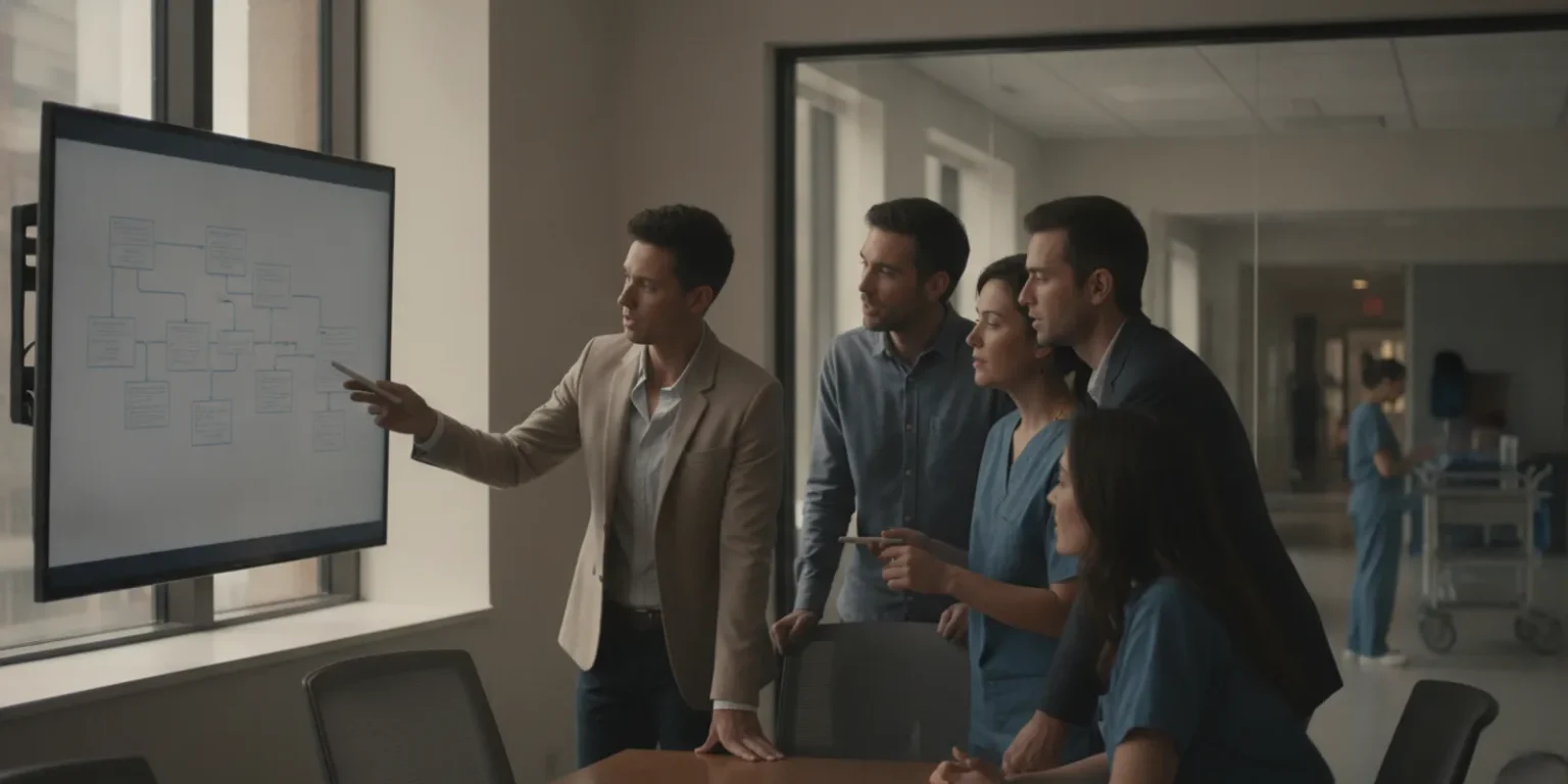 Healthcare IT leaders reviewing an integration architecture on a monitor in a hospital conference room