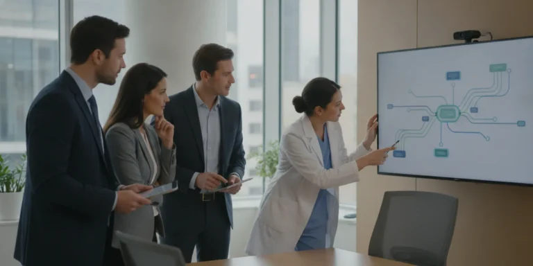 Healthcare IT leaders reviewing an interoperability workflow on a monitor in a hospital conference room