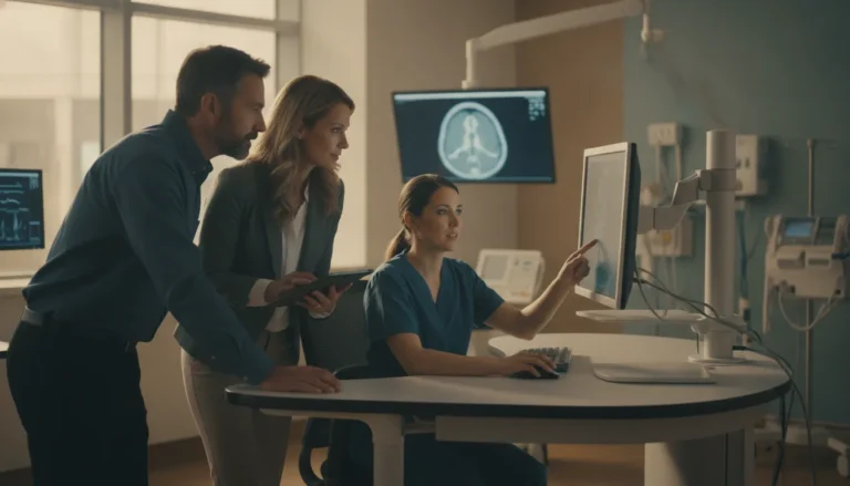 Healthcare team evaluating medical imaging technology in a hospital