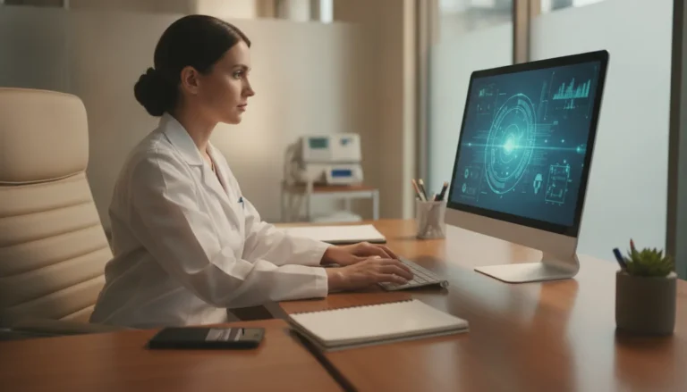 A clinician reviews a patient chart on a workstation while a smartphone showing a consumer health app sits on the desk