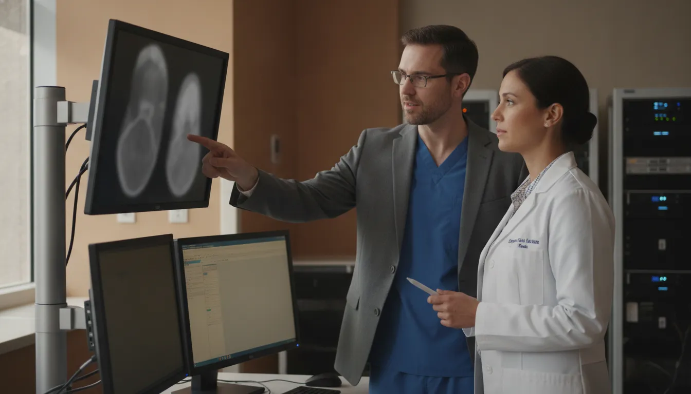 Radiology leaders evaluating a medical imaging workflow on diagnostic workstations