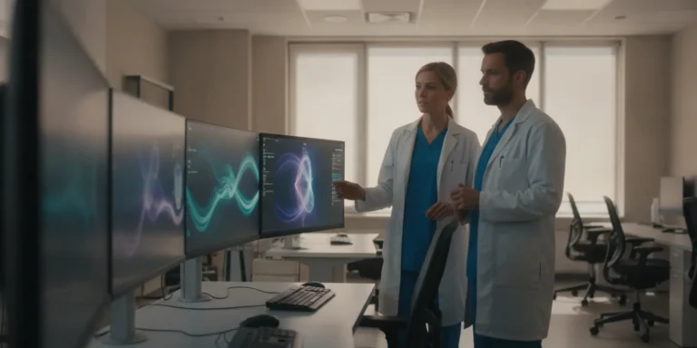 Radiology team reviewing an imaging workflow on clinical workstations
