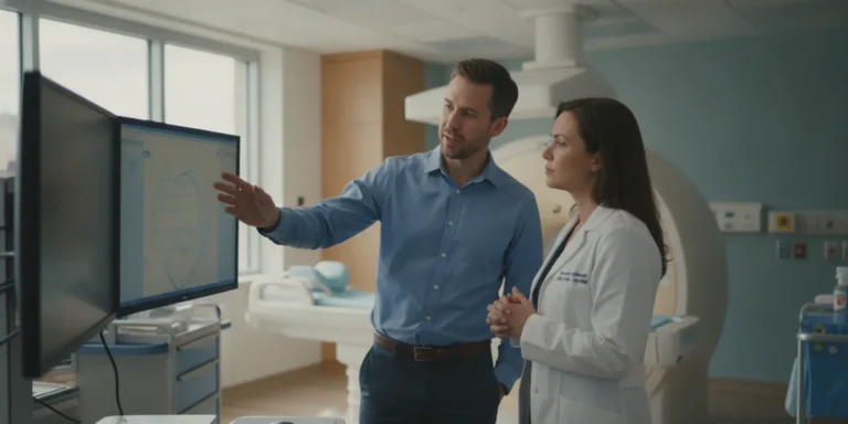 Healthcare imaging and IT team reviewing a shared medical imaging archive on a workstation