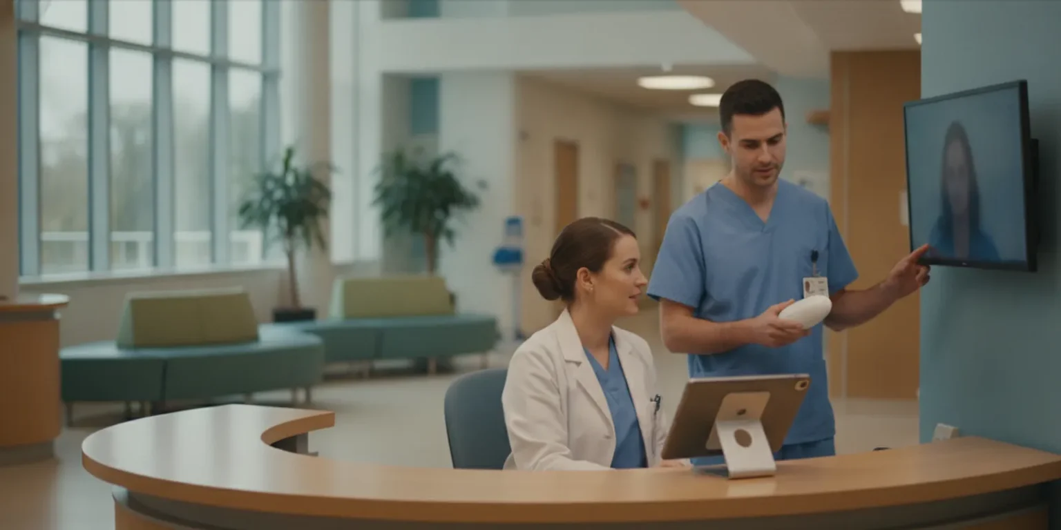 Hospital nurse using a secure video station to consult with a patient in a private room