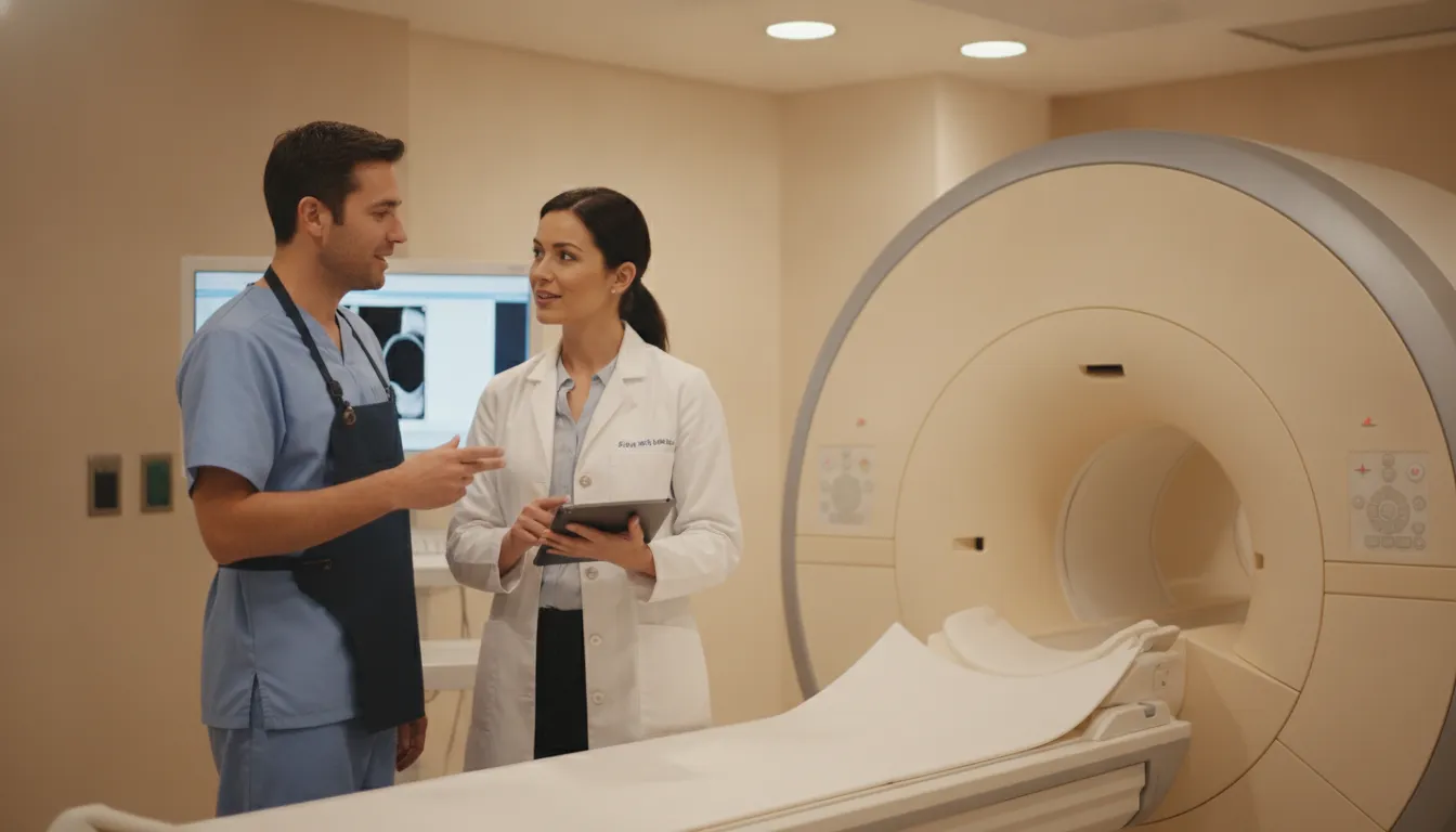 Radiology technologist and imaging specialist collaborating beside an MRI system